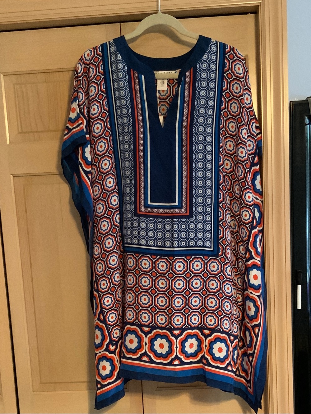 Trina Turk Navy, Orange and White Geometric Button-Down Shirt